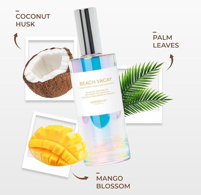 Moodcast Beach Vacay Luxury Room and Linen Spray – Air Freshener & Room Spray for Bedding Fabric & Home – Mango Blossom, Coconut Husk & Palm Leaves Clean Fragrance, Paraben Free, Sulfate Free – 3.4oz