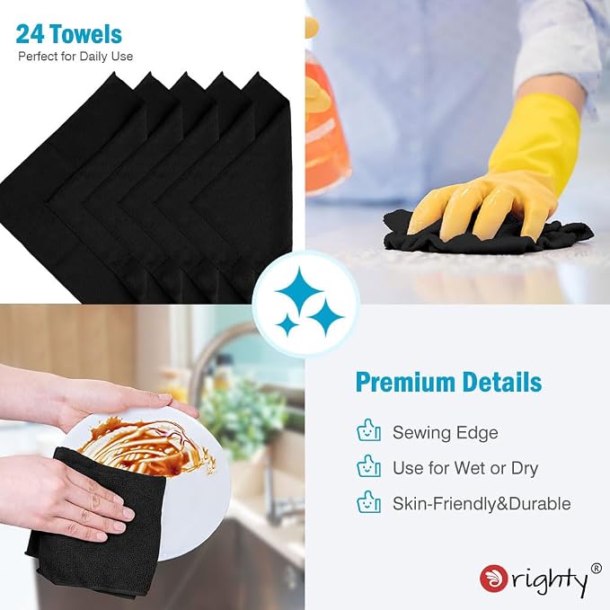 Orighty Microfiber Cleaning Cloth, Cleaning Rags, 24 Pack, 12x11 in, Black | Microfiber Towels for Cars, Soft Highly Absorbent Rag, Lint Free Cloths for Car Care, House, Kitchen