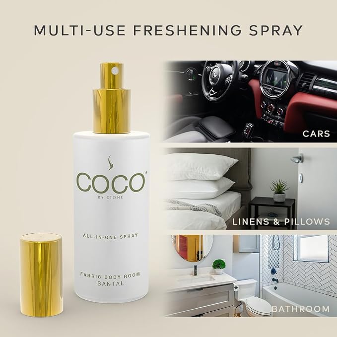 COCO by Stone 5oz All-in-One Spray Santal Fabric & Room Spray | Shake-and-spray formula for fabrics, pillows, clothing, and rooms with a luxurious Santal fragrance. Vegan & cruelty-free.