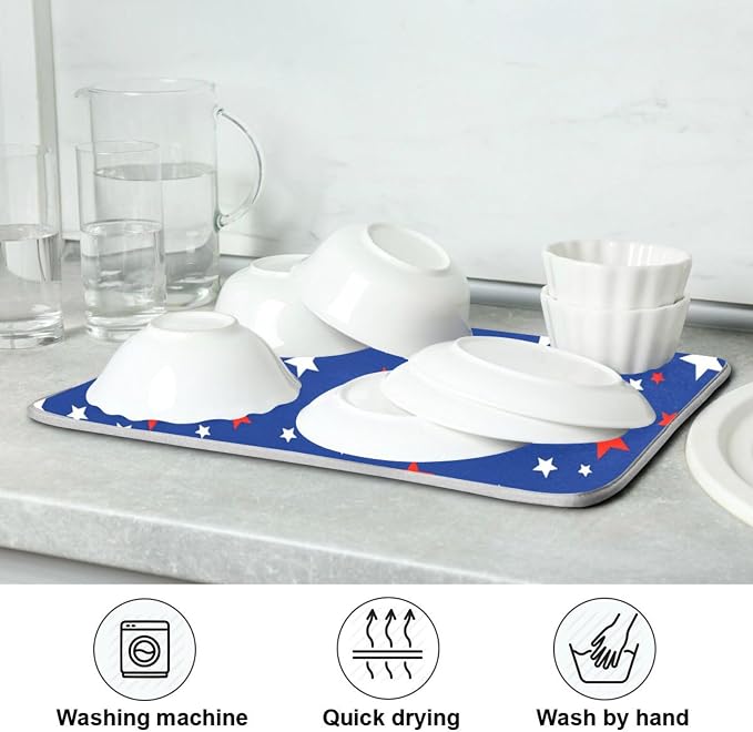 USA Patriotic Stars Memorial Dish Drying Mat 18 X 24 Inch Red Blue White Independence Day Dry Dishes Pads Tableware Mats Protector for Kitchen Countertops Counter Home Decorations