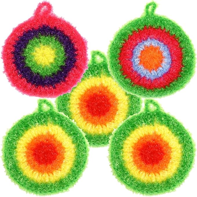 HEALLILY Dish Scrubber Sponge 5 Pack Non Scratch Knitted Household Cleaning Sponges for Kitchen Washing, Reusable Crochet Handmade Oil Resistant (Assorted Colors)