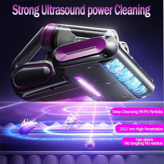 Mattress Vacuum Cleaner, 18Kpa Bed Vacuum Cleaner with 253.7nm UV-C Light & Heating & Ultrasonic Quintuple Tech & 80000 RPM/Min Brushroll Rotation, Widened Suction Port, 500W, Cordless (Purple)
