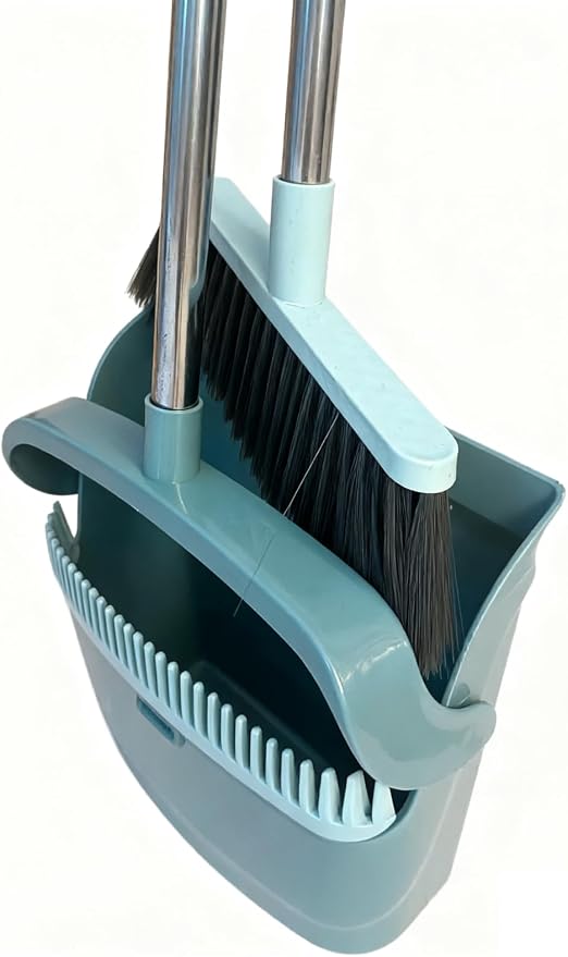 Upgrade Broom and Dustpan Combo Set - 3 Row Bristles & Extended Handles for No Bending, Self-Cleaning Dustpan Teeth, Stand-Up Storage, Indoor & Outdoor Sweeping (Bean Green)
