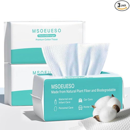 MSOEUESO Soft Dry Wipes Cotton Facial Tissues, 300 Count Disposable Face Towels, Cotton face Towel for Sensitive Skin, Facial Cleansing, Makeup Removing, Surface Cleaning (300 Count (Pack of 3))