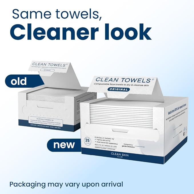 Clean Skin Club Clean Towels®, 100% USDA Biobased Face Towel, Disposable Face Towelette, Eczema Association Accepted, Makeup Remover Dry Wipes, Ultra Soft, 1 Pack, 25 Ct