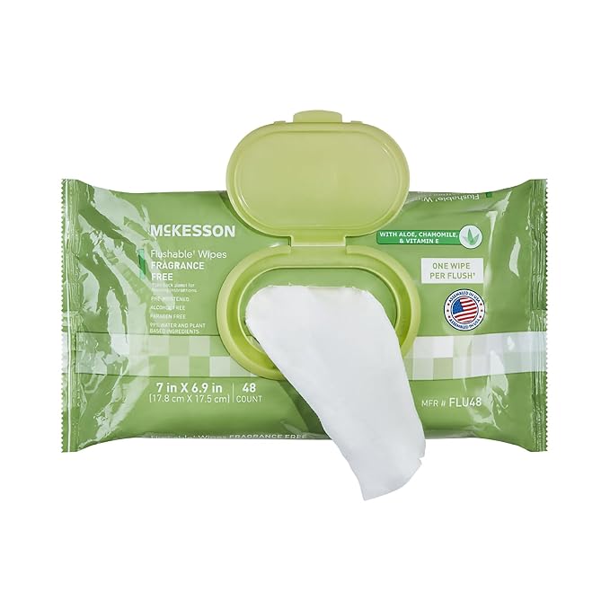 McKesson Flushable Adult Wet Wipes XL, Unscented, 144 Wipes (3 Pack of 48) | Aloe & Vitamin E, Plant-Based Cleansing Wipes, Gentle on Skin, Plant-Based Adult Cleansing Wipes