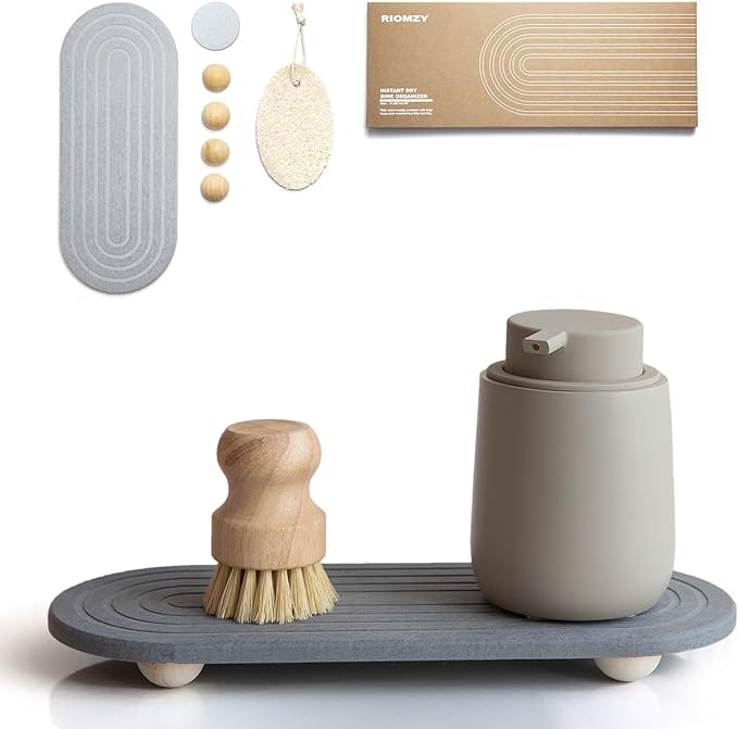 Instant Dry Sink Caddy Organizer – Water Absorbing Stone Tray for Kitchen Bathroom Countertop, Fast Drying Sink Caddy (with Wooden Feet and Natural Loofah, Gray)