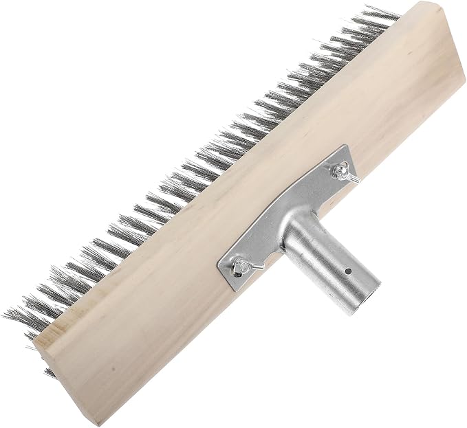 Heavy Duty Outdoor Scrub Brush with Stainless Steel Wire Bristles, 30cm Floor Scrubber Brush with Long Wooden Handle for Moss Removal and Hard Surface Cleaning on Patio, Garage,