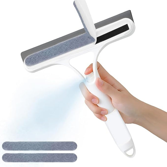 3-in-1 Spray Window Squeegee with Scraper and 2 Cotton Pads, White | Spray, wipe, and squeegee glass with one handheld tool; includes two replaceable cotton cleaning strips
