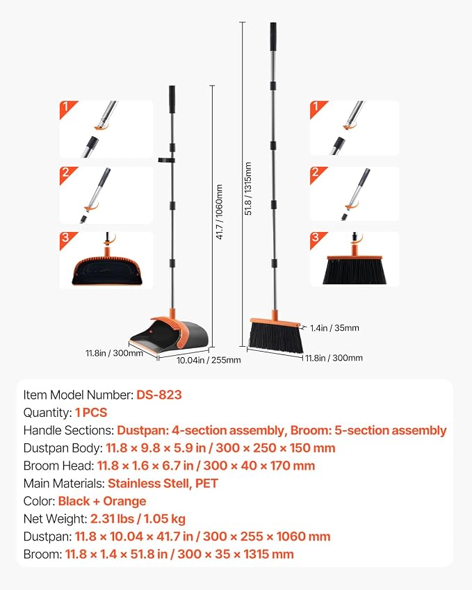 VEVOR Broom and Dustpan Set, Heavy Duty Dustpan and Broom Combo with Self-Cleaning Teeth, Metal Upright Standing Dust Pan with Long Handle, Ideal for Home, Restaurant, Office, Dorm, Black+Orange