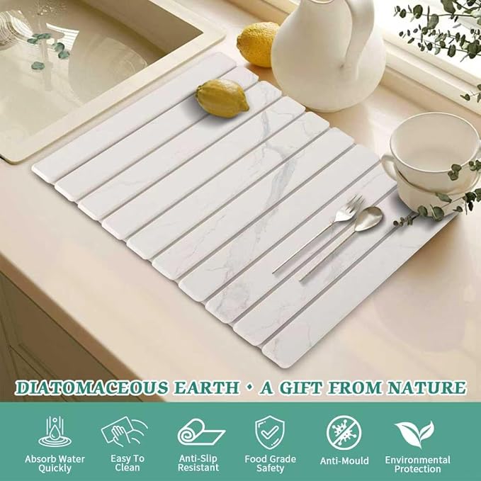 Stone Dish Drying Mat for Kitchen Counter, 24''×15'' Dishes Drying Matt Kitchen Counter, Absorbent Diatomaceous Earth Bath Quick Dry Mats for Tableware, Bottles and Cup(White Marble)