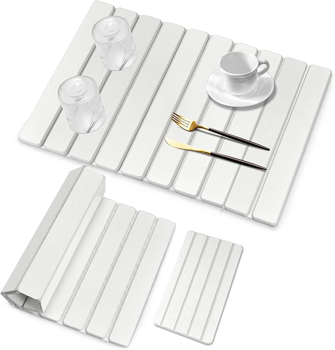 Large Stone Dish Drying Mat for Kitchen Counter, Quick Dry Dish Drying Mats, Foldable Absorbent Diatomaceous Earth Mats for Plate Rack Bottles Cups, Match Any Countertop (White 24"×16" & 8"x4")