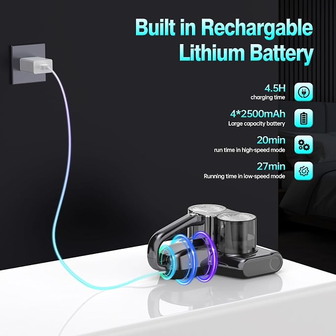 Mattress Vacuum Cleaner Cordless Bed Vacuum with 16Kpa Suction 253.7nm UV-C Light, Ultrasonic Technology, HEPA Filtration, Built-in 4*2500 mAh Battery, High/Low Dual Modes, Replacement Filter Included