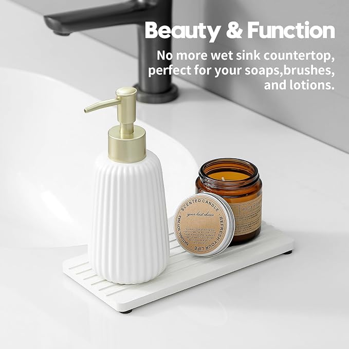 Razborci 2PCS Diatomite Quick Stone Drying Tray Mat for Bathroom & Kitchen Counter, Instant Dry Water Absorbent Drink Bar Coasters,Vanity Sink Caddy Organizer,Dish Soap Sponge Holder, Ivory,8"x3.8"