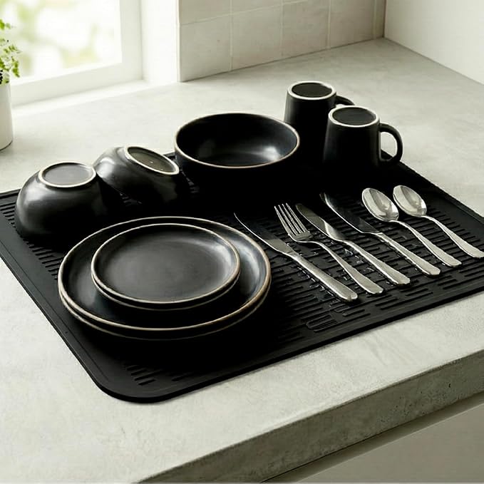 MicoYang Silicone Dish Drying Mat for Multiple Usage,Easy clean,Eco-friendly,Heat-resistant Silicone Mat for Kitchen Counter or Sink,Refrigerator or Drawer Liner Black XL 18 inches x 16 inches