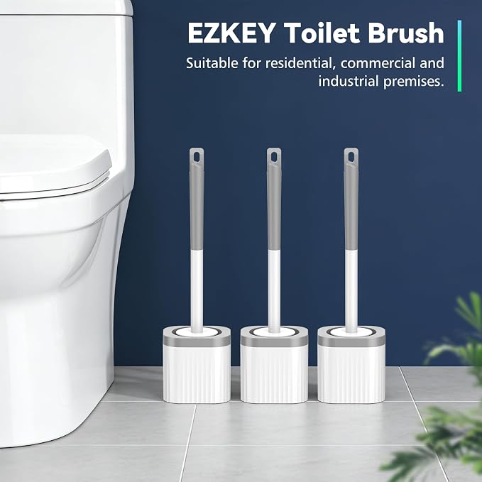 Toilet Brush, 3 Pack Compact Toilet Bowl Brush and Holder Set with Nylon Bristles Toilet Cleaner Brush Hidden Toilet Scrubber Brush for Bathroom Cleaning, Grey & White
