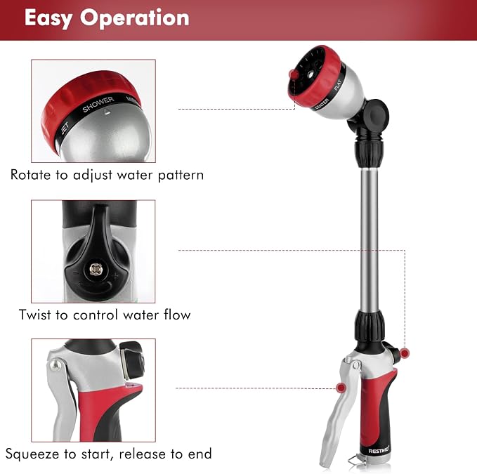 RESTMO Heavy Duty Metal Hose Wand, Watering Wand for Garden Hose | 180° Swivel Ratcheting Head, 16'' Hose Sprayer, 7 Spray Patterns, Flow Control, Ideal for Hanging Baskets & Shrubs, Red