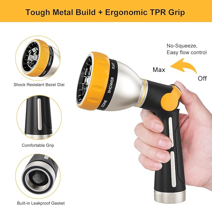 FANHAO Thumb Control Garden Hose Nozzle Heavy Duty Metal, 8 Spray Patterns | Rustproof Leakproof, Non-Slip Ergonomic Grip, High Pressure Water Hose Sprayer for Watering Plant, Washing Car, Patio, Pet