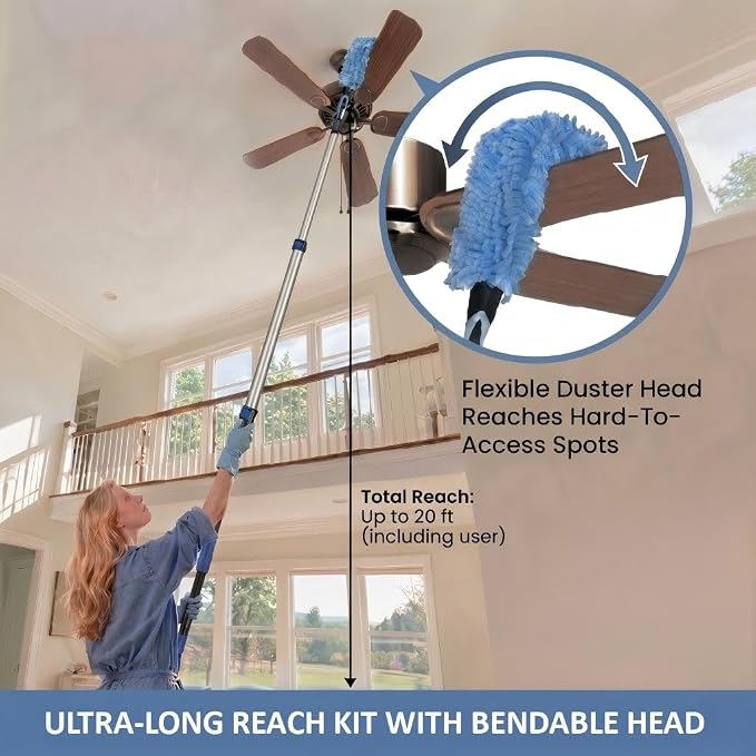 20ft High Ceiling Duster Kits with 5-12ft Heavy Duty Extension Pole - Fan Blade Cleaner, Cobweb Remover & Blue Window Squeegee Kit, Washable Dust Brush for High Roof and Glass Surfaces