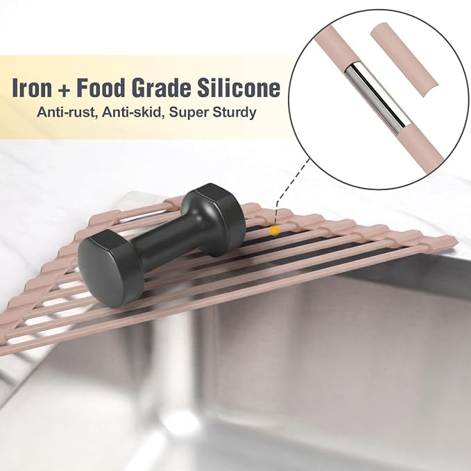 Tomorotec Small Triangle Roll-Up Dish Drying Rack with Silicone Coating Stainless Steel Frame for Sink Corners, Over-The-Sink Kitchen Drainer & Organizer for Space-Saving Storage-Light Brown