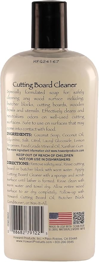 Howard Products CBC012 Wood Cutting Board Cleaner, Wood Cleaner for Wooden Cutting Boards, 12 oz