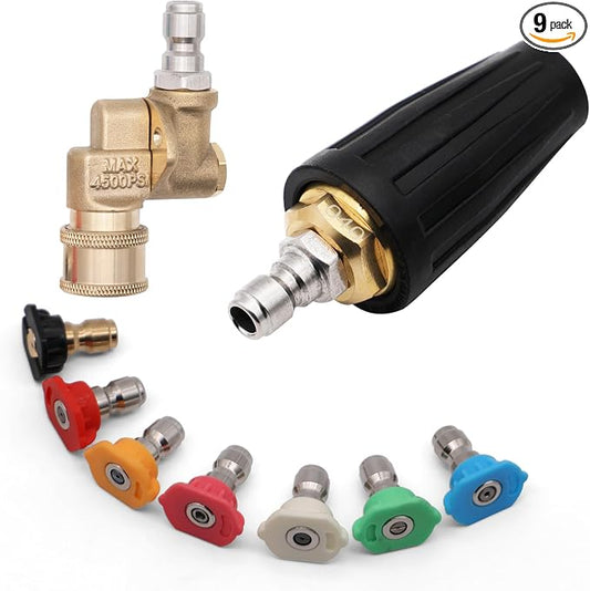 Pressure Washer Tips Turbo Nozzle 4000 PSI 360° Rotating Spray Turbo with 1/4” Quick Connector and 4500 PSI Pivoting Coupler,7 Spray Nozzles Tips Kit Multiple Degrees