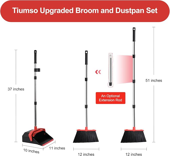 Broom and Dustpan Set for Home, 51" Long Handle Standing Dustpan Black Red | Self-Cleaning Dust Pan and Brooms, ZeroGap Lip, Upright Storage Broom Combo for Kitchen Lobby Office Restaurant Indoor