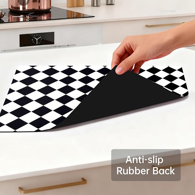 Checkered Dish Drying Mat for Kitchen Counter 24x16 Inch Super | Resistant Mat Reusable Place Mats,Aesthetic Coffee Car Accessories,Office Desk Pad Protector
