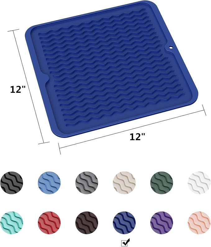 ZLR 4-in-1 Silicone Mat 12" x 12" / 305 x 306mm Square - Dish Drying Mat, Air Fryer Mat, Coffee Maker Pad & Heat Resistant Trivet (up to 450°F) - Non-Slip Food-Grade BPA-Free (Midnight Blue)