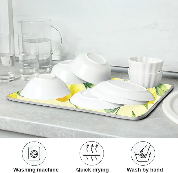 Super Absorbent Dish Drying Mat, Microfiber Fast-Drying Dish Mat, 24" x 18", Kitchen Dish Drying Pad, Vintage Yellow Lemon With Leaves