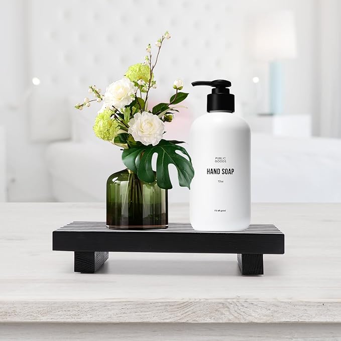 Black Bathroom Tray for Sink Decor Kitchen Counter Wood Pedestal Soap Dish | Small Sponge Holder Soap Dispenser Wooden Risers Restroom Decor Kitchen Accessories Countertop Mens Spa Vanity Toilet Tray