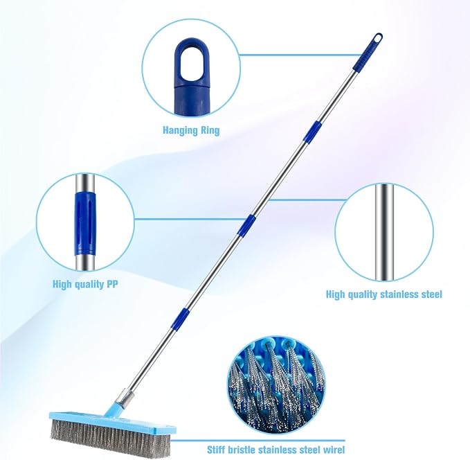 Stainless Steel Deck Scrub Brush 60In Long Handle Heavy Duty Floor Broom | Rustproof poles • Dense 6-row steel bristles • 45° head • Removes moss, grout & stains on concrete, patios, garages & boats