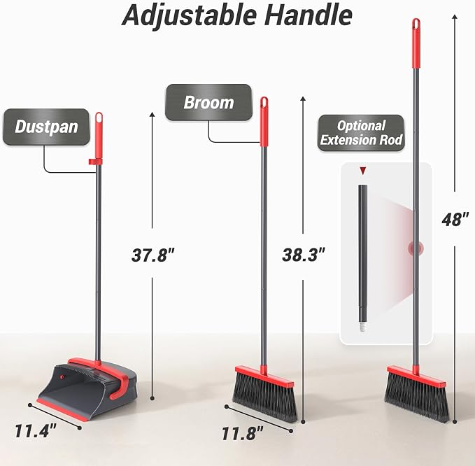 Broom with Dustpan Combo Set, Long Handle Upright Standing Self-Cleaning Broom and Dustpan Set for Pet Hair & Dust Cleanup, Indoor Outdoor Use for Home, Kitchen, Office, Red & Gray