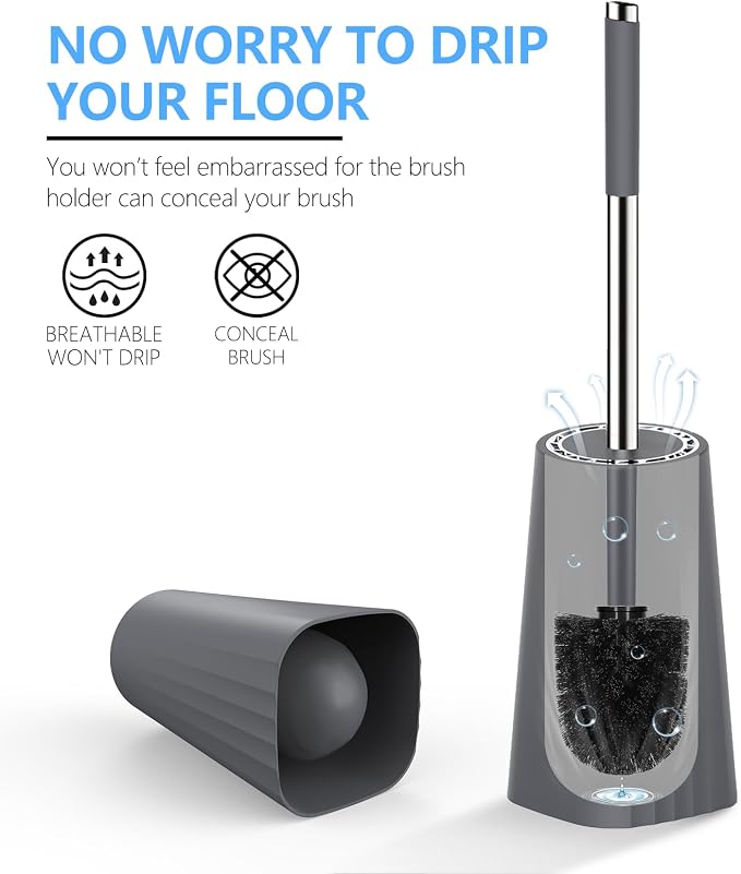 SetSail Toilet Brush, Compact Size Toilet Bowl Brush and Holder Toilet Brushes for Bathroom with Stainless Steel Handle Toilet Cleaner Brush with Durable Scrubbing Bristles, Grey