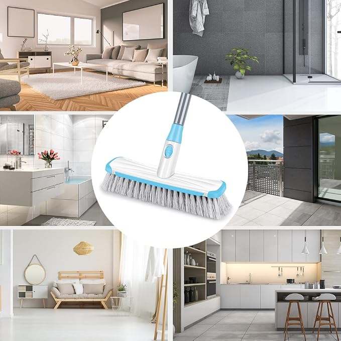 Floor Scrubber with Long Handle, 2 in 1 Scrubbing Brush Stiff Bristle Shower Cleaning Brush for Bathroom, Kitchen, Tub, Carpet, Grout, Tile(Blue)