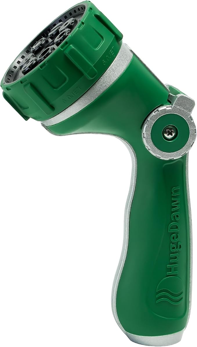 HugeDawn Garden Hose Nozzle with 7 Spray Patterns, Heavy Duty Metal Sprayer 30% Greater Water Flow for Watering, Car Wash, Outdoor Cleaning (Green)
