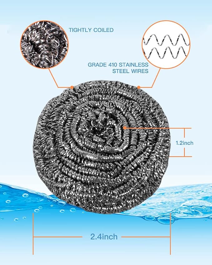 12Pcs Steel Wool Scrubber Pads for Cleaning Dishes, Pans, Pots, Ovens, Grills, Sinks - Stainless Steel Scrubbers for Kitchen, 12 Pack
