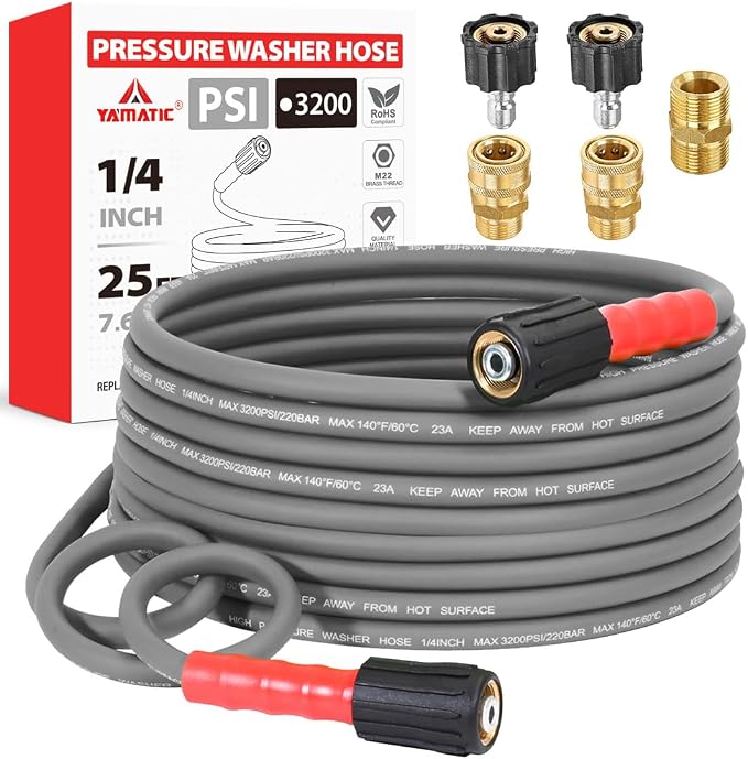 YAMATIC Upgraded Flexible Pressure Washer Hose 25FT 1/4", 3200 PSI Non-Kink Replacement with M22-14mm & 3/8" Quick Connect Adapters, Extension for Gas Power Washer Troy-Bilt Ryobi Honda Craftsman