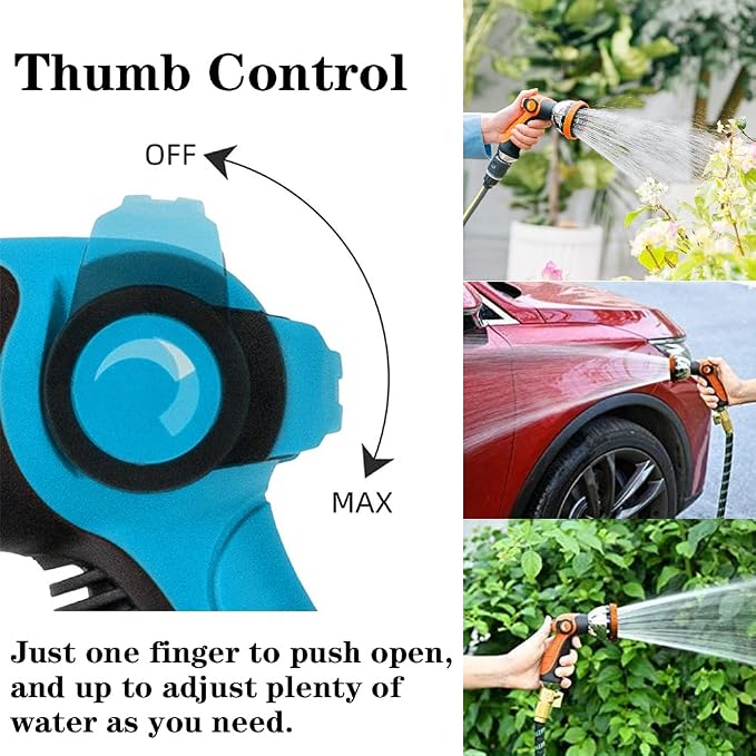 Garden Hose Nozzle Spray Nozzle,10 Hose Metal Duty Watering Patterns Thumb Control On Off Valve, High Pressure Nozzle Sprayer for Watering Plants, Car Wash,Cleaning,Showering Pets Blue