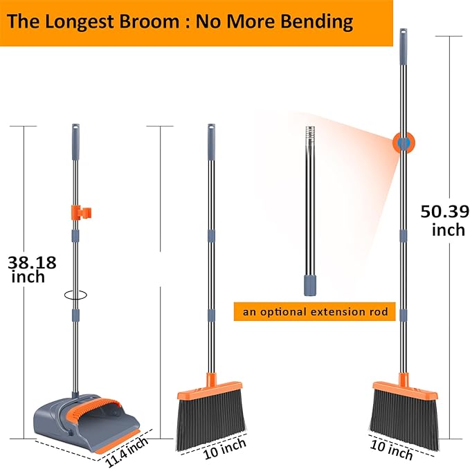 Upgrade Broom and Dustpan Set, Self-Cleaning with Dustpan Teeth, Indoor&Outdoor Sweeping, Ideal for Dog Cat Pets Home Use, Stand Up Broom and Dustpan (Gray&Orange)