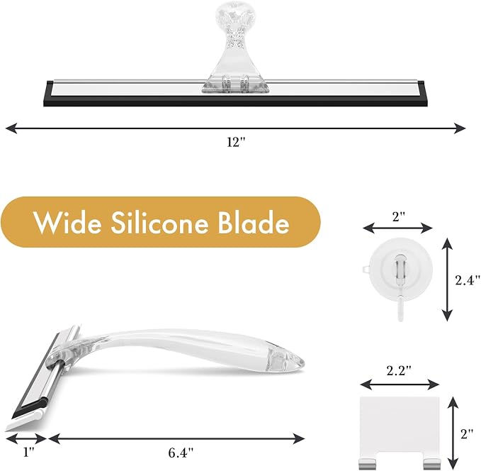 AmazerBath Shower Squeegee for Glass Doors, All-Purpose Squeegee with Suction Hook & Adhesive Hook, Clear Squeegee for Shower Glass, Windows, Mirrors, Tiles and Car Windows - 12 Inches, Clear