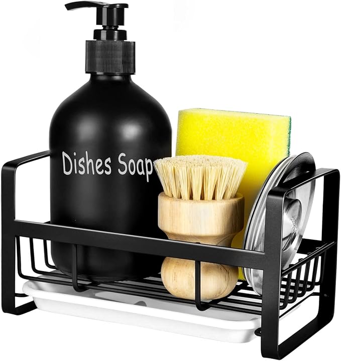 TEZZ Sponge Holder for Kitchen Sink- Stainless Steel Kitchen Sink Caddy for Organizing Sponge, Brush & Soap Dish Dispenser, coutertop Organizer Rack with Adhesive or Counter top, Black