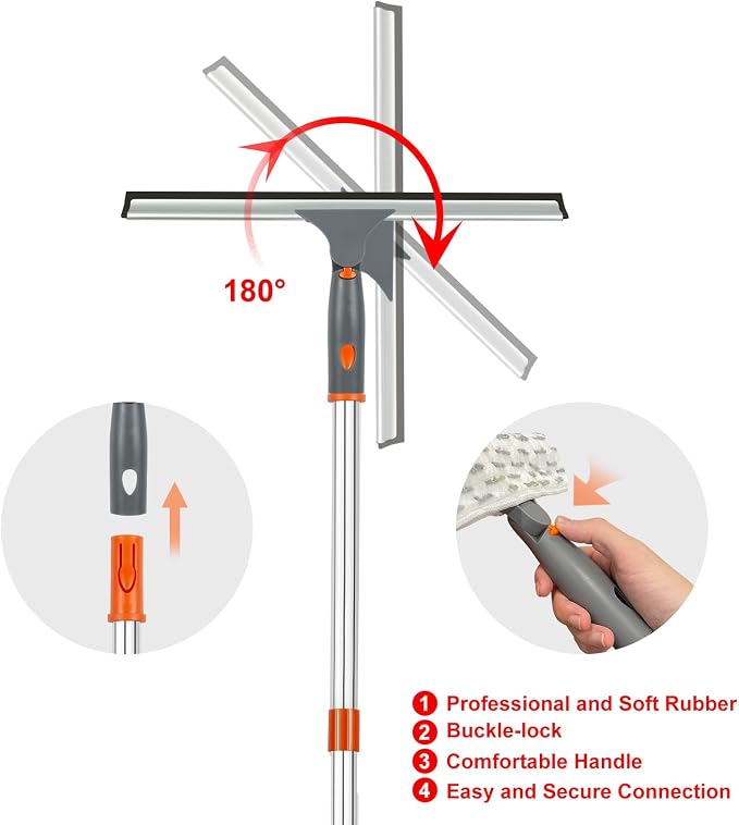 BITOPE Window Cleaner Tool Squeegee for Window Cleaning with 86" Extendable Pole Microfiber & Chenille Pad Squeegy for Exterior High Window Shower Door Glass Car RVs