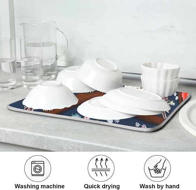 Dish Drying Mat Kitchen Counter Absorbent Three Owls Coffee Sink Mat Dish Drainer Pad 18 Inch x 16 Inch