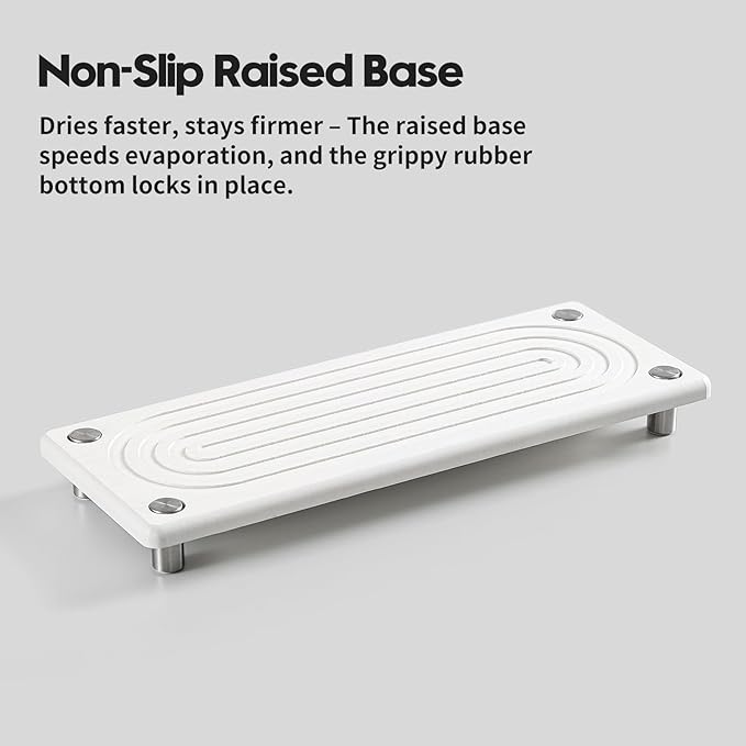 Razborci Water Absorbing Stone Sink Caddy, Diatomite Kitchen Sink Organizer, Bathroom Counter Tray, Faucet Drying Mat Coaster Soap Dish Rack Riser Dispenser Sponge Holder, Silver, White 10" x 4"
