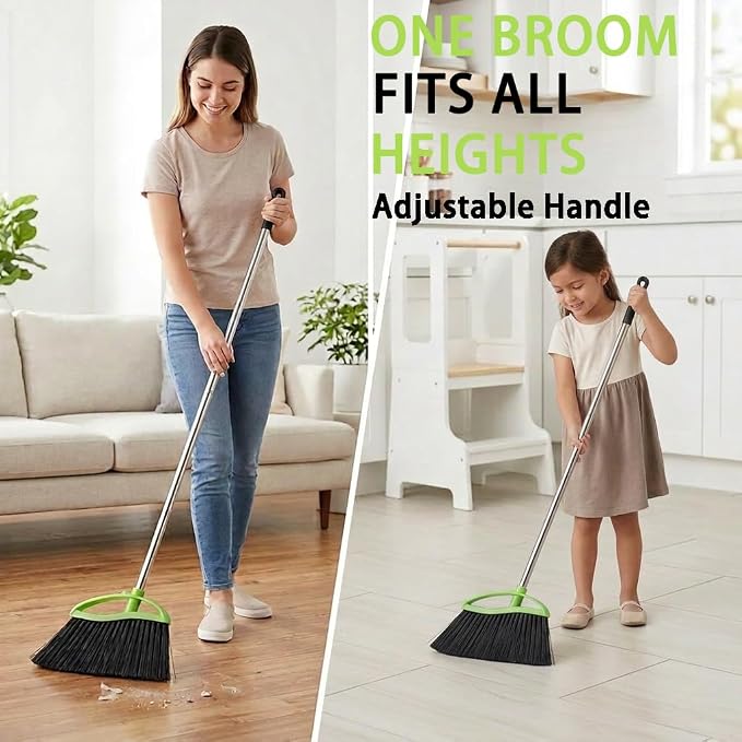 Soft Bristles Green Angle Broom and Dustpan Set, Long Handle Household Indoor Broom with Dustpan Combo Set for Room Kitchen Lobby Office Hardwood Floor Sweeping Floor Cleaning