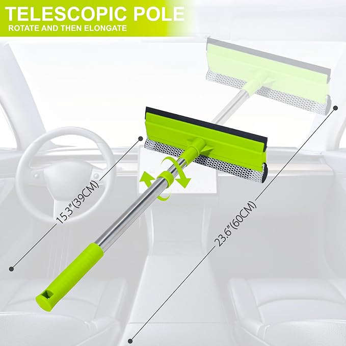 Window Squeegee with 15-24" Long Handle, 2-in-1 Squeegee Cleaner Tool, Retractable Stainless Steel Handle for Car Windshield, Shower Glass, Glass Doors, Outdoor Windows, High Windows