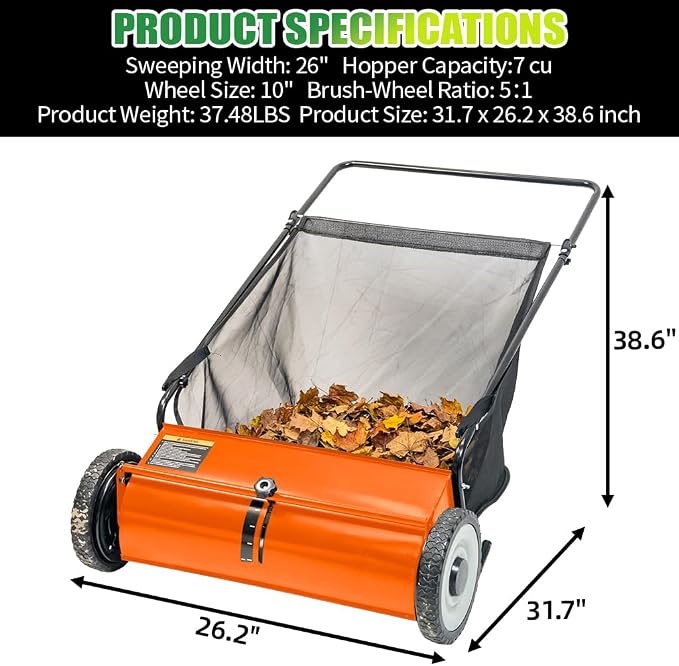 PPOLB 26" Push Lawn Sweeper, 7 cu.ft Large Capacity Yard Sweeper Push, 5:1 High-Density 4 Brushes, Adjustable Height, Heavy Duty Leaf Collector with Detachable Hopper, Rubber Wheels, Ergonomic Handle