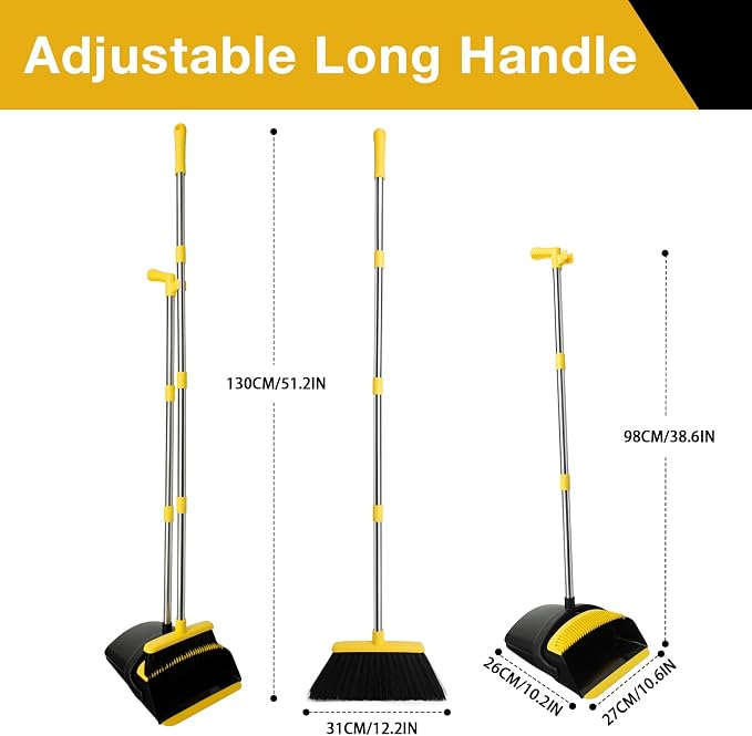 Broom and Dustpan Set,Long Handle,Black Yellow | Stand up Dustpans with Broom Combo, Indoor & Outdoor Sweeping, for Home Room Kitchen Office Lobby