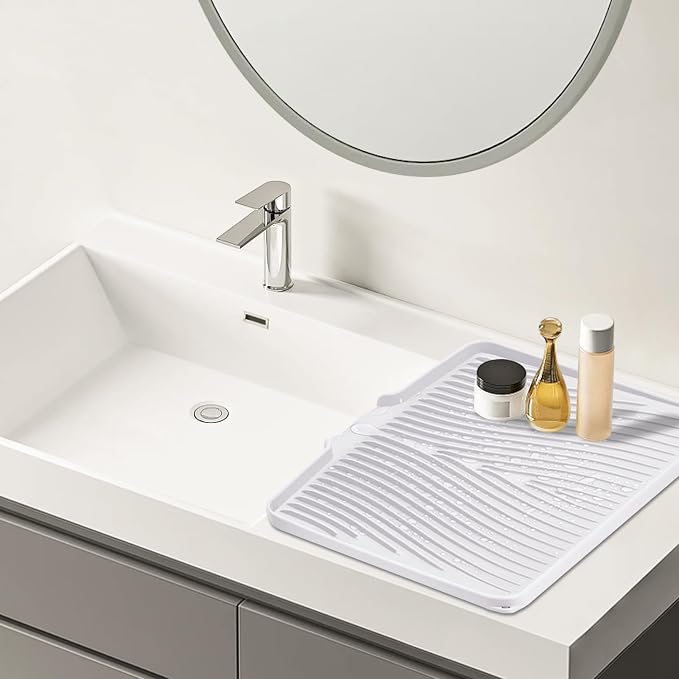 TIKNIK Silicone Dish Drying Mat for Kitchen Counter - Heat Resistant & Non-Slip Dish Drain Pad with Built-In Drain, Dishwasher Safe, Quick-Dry, Hangable & Roll-Up for Storage, White-2pcs, 20" x 15"